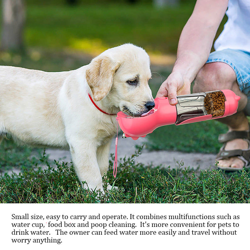 Portable Dog Water Bottle Food Feeder with Poop shovel 3 In 1 Leak-proof Multifunctional Dispenser for pet