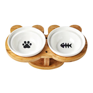 Cat Wood Ceramics Food Bowl Double for pet