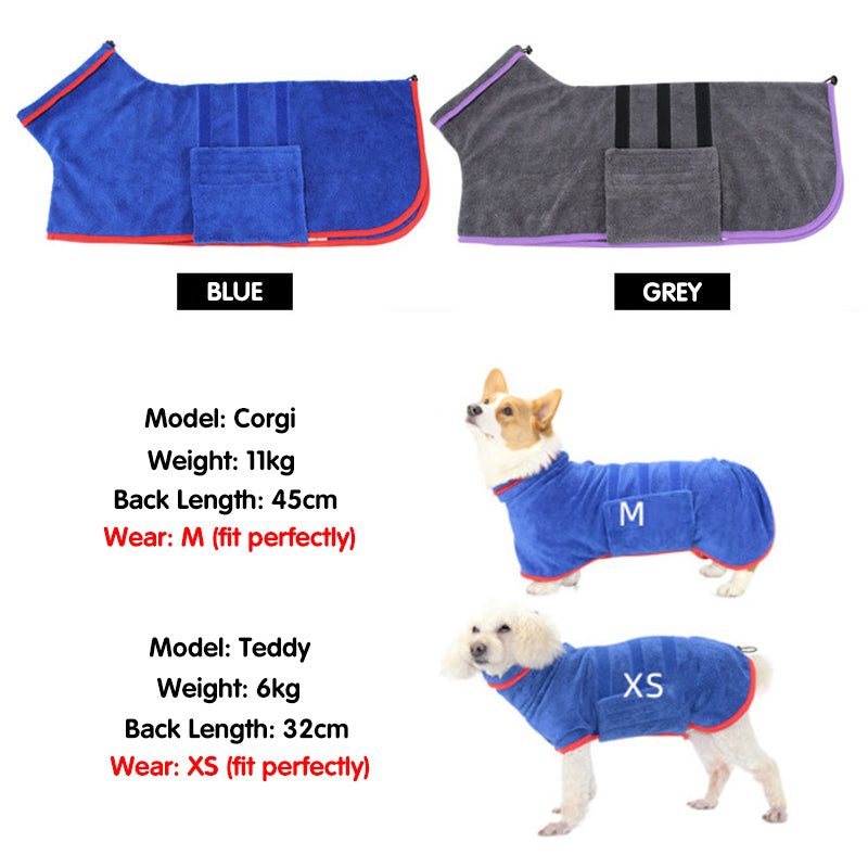 Dog Bathrobe Microfiber Drying Coat Super Absorbent Soft Bath Towel Adjustable for pet