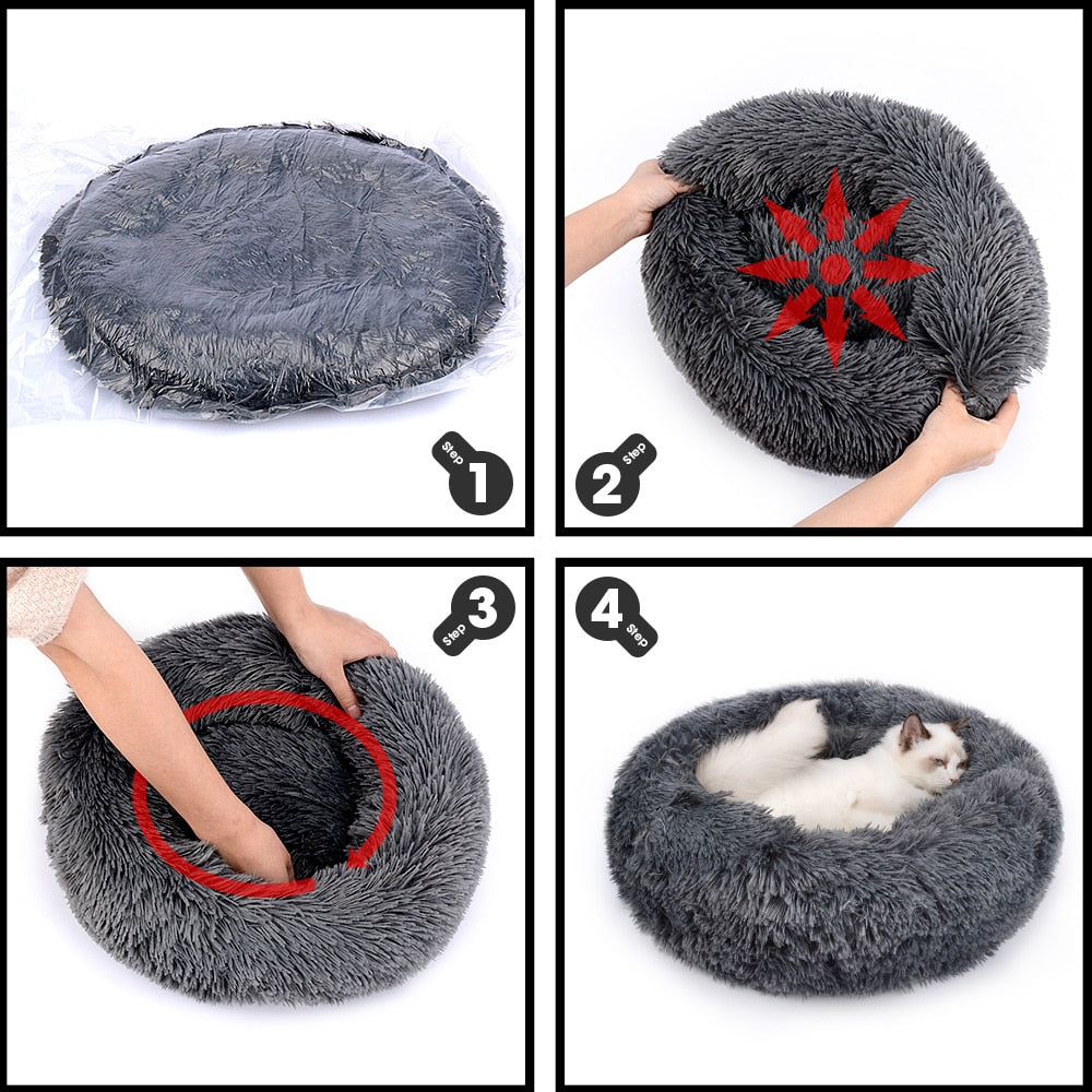 Round Long Plush Cat Bed House Cushion Zipper Washable for pet