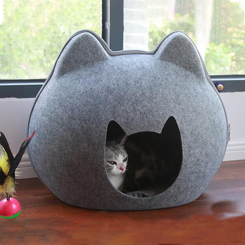 Cat Bed House Zipper Felt Cave with Cushion for Pet