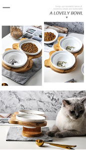 Cat Wood Ceramics Food Bowl Double for pet
